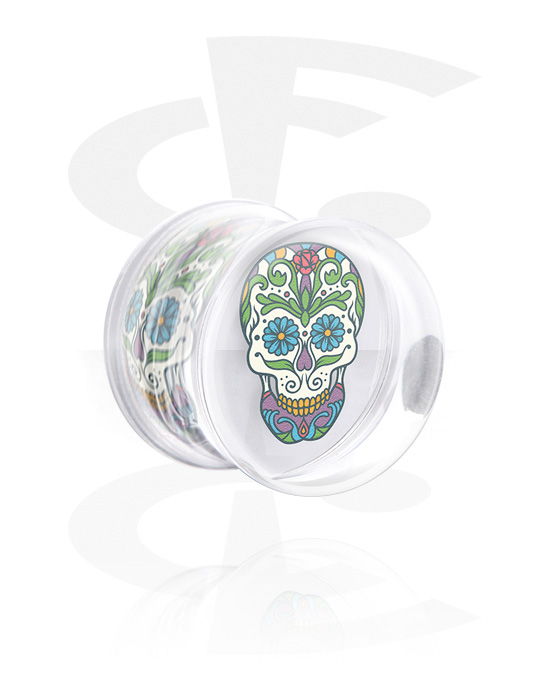 Tunnels og plugs, Double-flared plug (akryl, transparent) med farverig sugar skull "Dia de Los Muertos"-motiv, Akryl