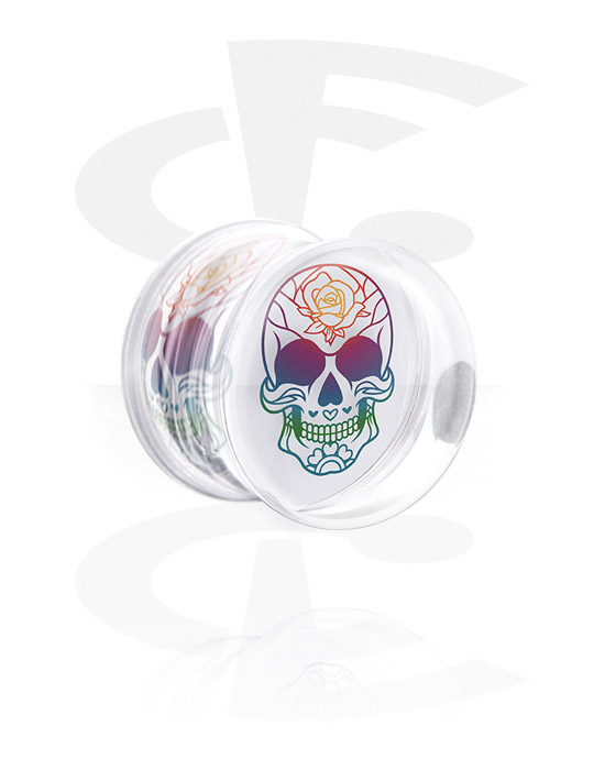 Alagutak és dugók, Double flared plug (acrylic, clear) val vel colourful sugar skull "Dia de Los Muertos" design , Akril