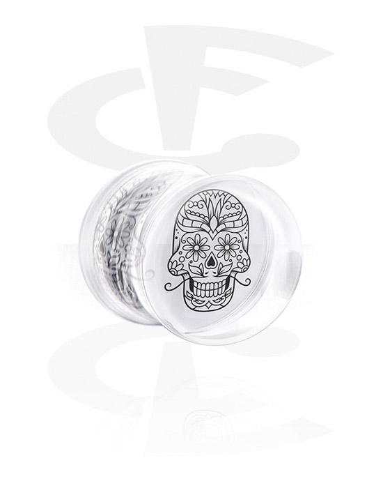 Tunnels & Plugs, Double flared plug (acrylic, transparent) with black and white sugar skull "Dia de Los Muertos" design , Acrylic