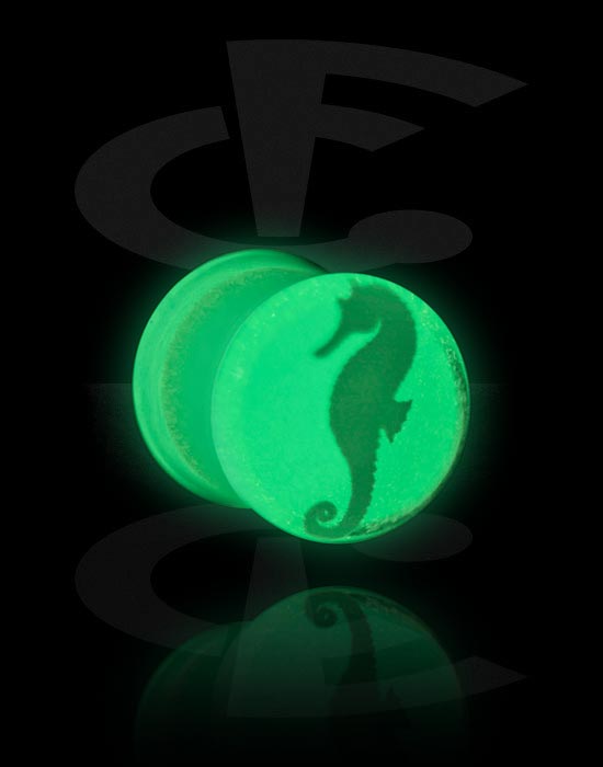 Tunnels & Plugs, "Glow in the dark" double flared plug (acrylic) with seahorse design, Acrylic