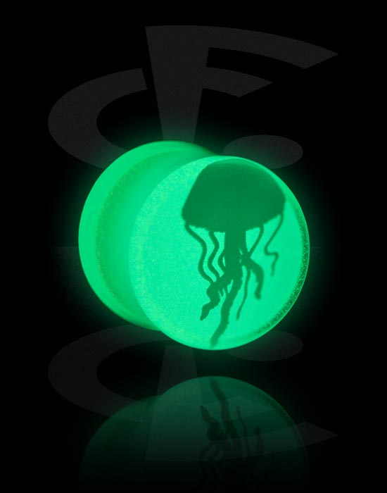 Tunnels & Plugs, "Glow in the dark" double flared plug (acrylic) with jellyfish design, Acrylic