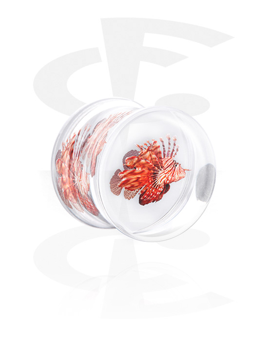 Tunnels & Plugs, Double flared plug (acrylic, transparent) with lionfish, Acrylic
