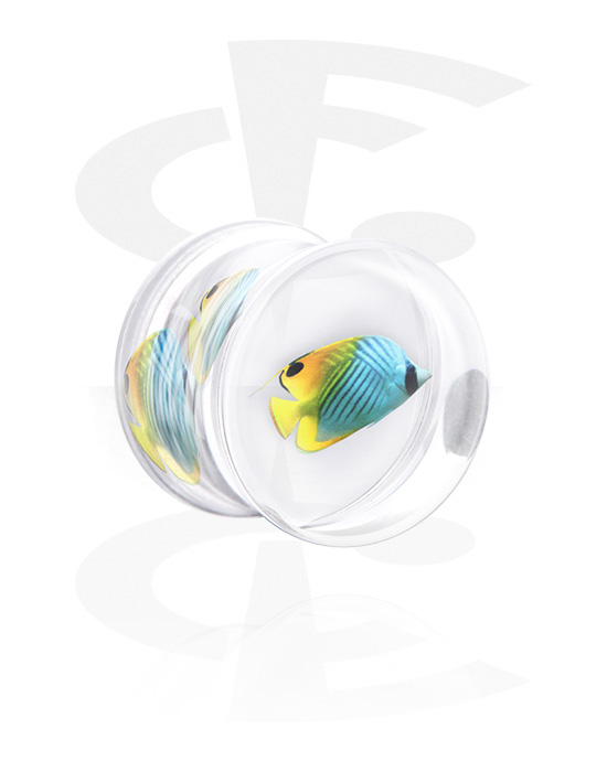 Tunnels & Plugs, Double flared plug (acrylic, transparent) with butterfly fish, Acrylic