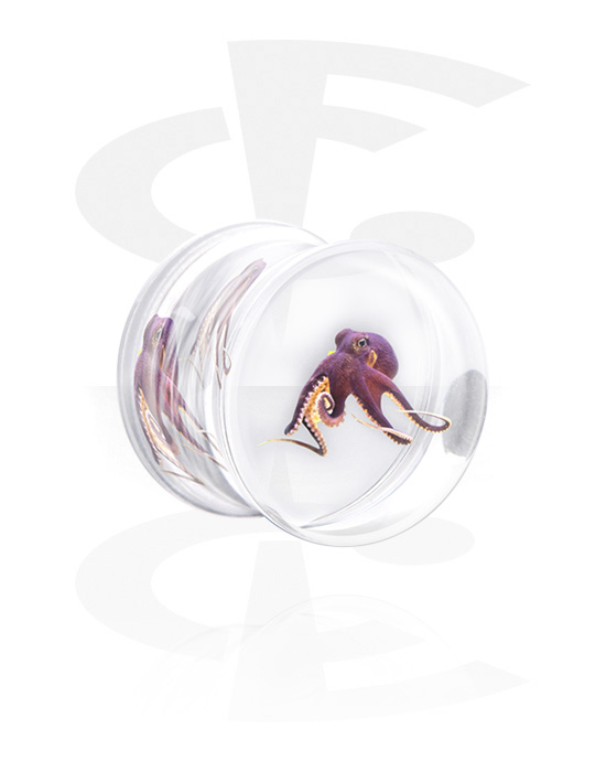 Tunnels & Plugs, Double flared plug (acrylic, transparent) with octopus, Acrylic