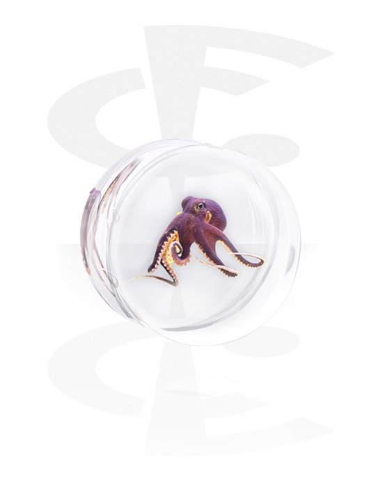 Tunnels & Plugs, Double flared plug (acrylic,transparent) with octopus, Acrylic