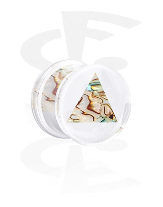 Tunnels & Plugs, Double flared plug (acrylic,transparent) with triangle motif, Acrylic