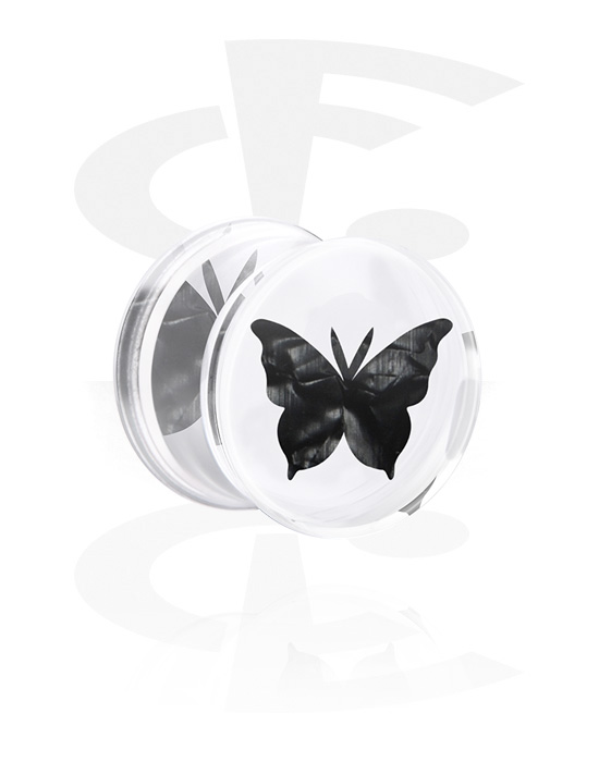 Tunnels & Plugs, Double flared plug (acrylic, transparent) with inlay with butterfly design in various patterns, Acrylic