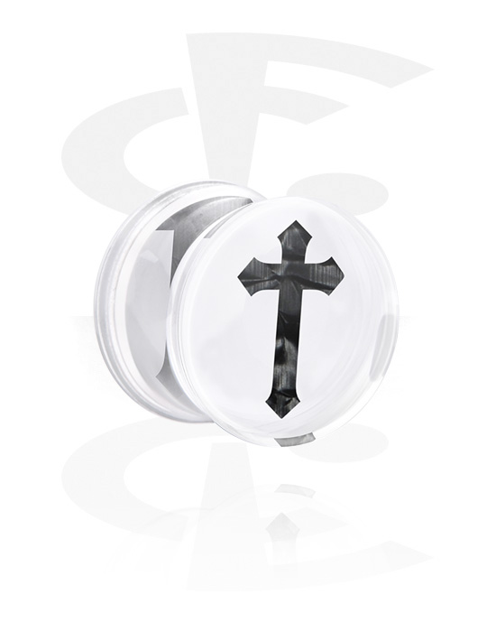 Tunnel & Plug, Double flared plug (Acrilico, trasparente) con simbolo della croce, Acrilico