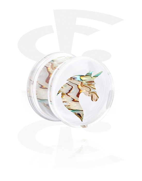 Tunnels & Plugs, Double flared plug (acrylic,transparent) with unicorn design and imitation mother of pearl inlay in various patterns, Acrylic