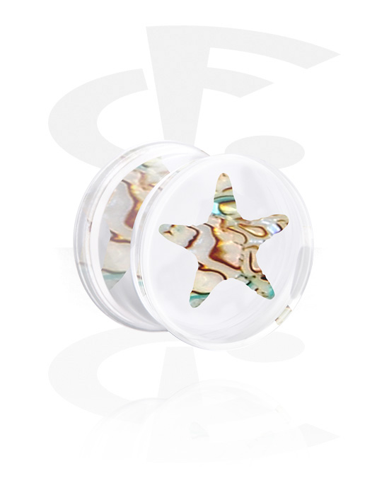 Tunnels & Plugs, Double flared plug (acrylic, transparent) with starfish design and imitation mother of pearl inlay in various patterns, Acrylic