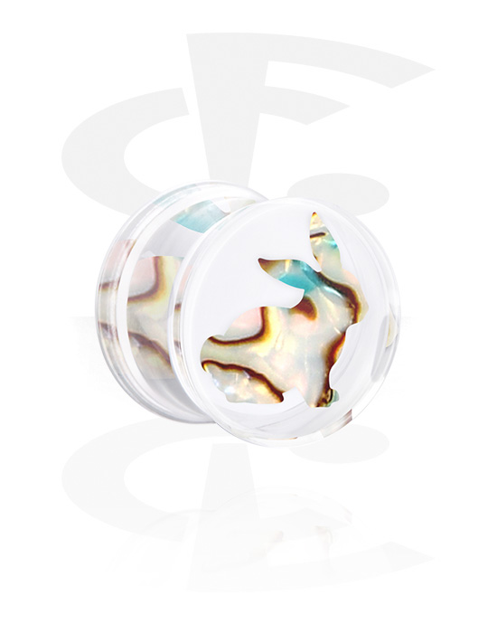 Tunnels & Plugs, Double flared plug (acrylic, transparent) with imitation mother of pearl inlay, Acrylic