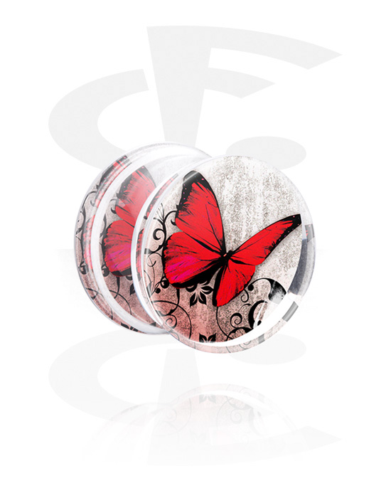 Tunnels & Plugs, Double flared plug (acrylic,transparent) with butterfly design, Acrylic