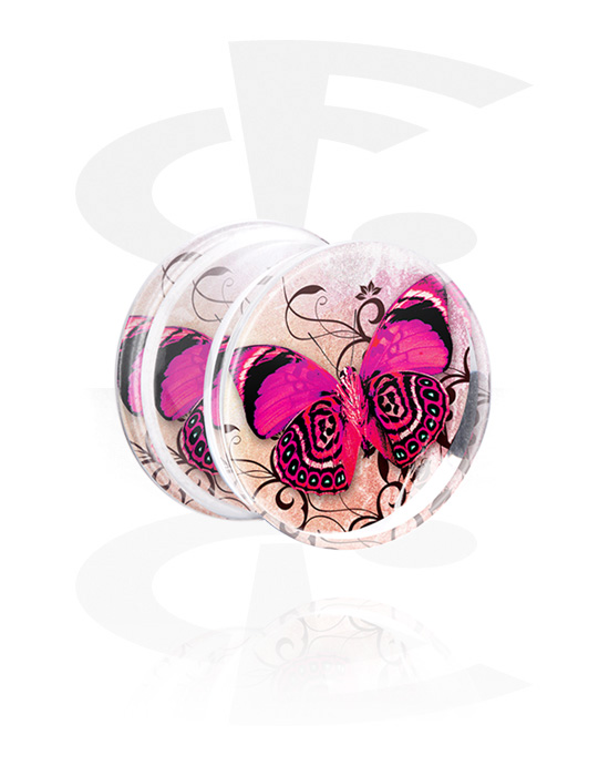 Tunnels & Plugs, Double flared plug (acrylic,transparent) with butterfly design, Acrylic