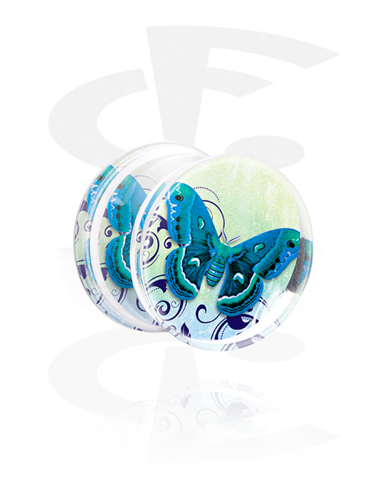 Tunnels & Plugs, Double flared plug (acrylic, transparent) with butterfly design, Acrylic