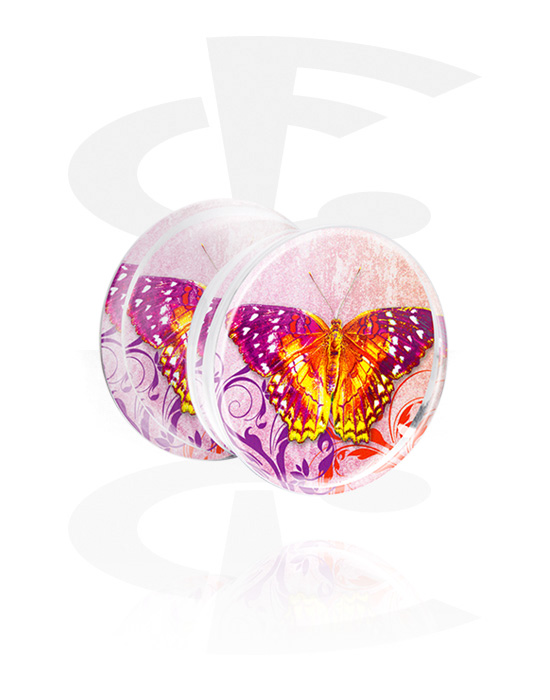 Tunnels & Plugs, Double Flared Plug with Floral Butterfly Design, Acrylic