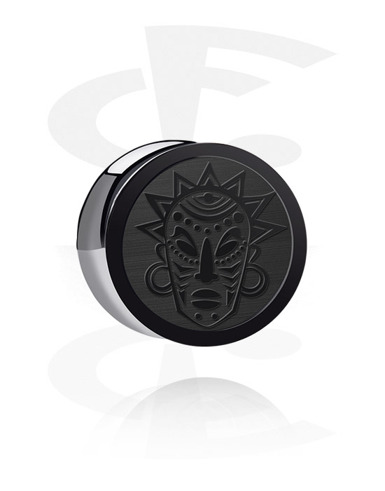 Tunely & plugy, Plug s rozšířenými konci (akryl, černá) s designem laserem vyrytá maska, Akryl