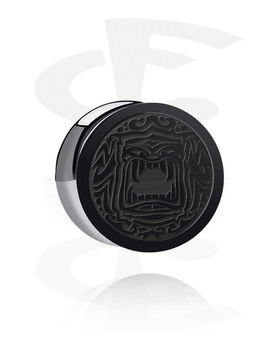 Alagutak és dugók, Double flared plug (acrylic, black) val vel lézerezett maszk dizájn, Akril