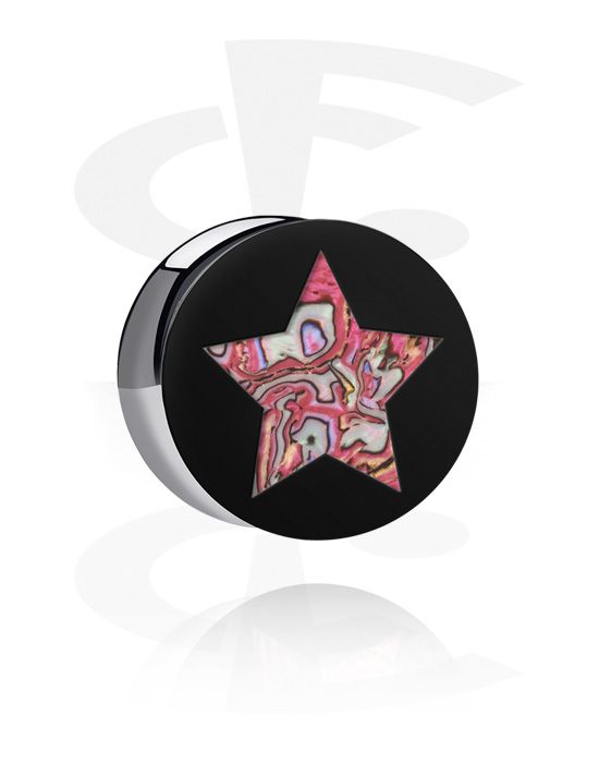 Tunnels & Plugs, Double flared plug (acrylic, black) with star design and imitation mother of pearl design, Acrylic