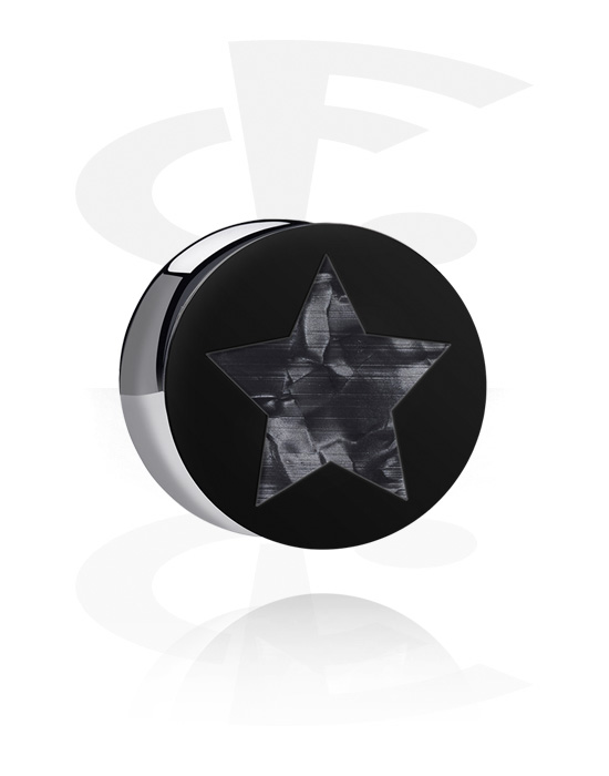 Tunnels & Plugs, Double flared plug (acrylic, black) with star design and imitation mother of pearl design, Acrylic