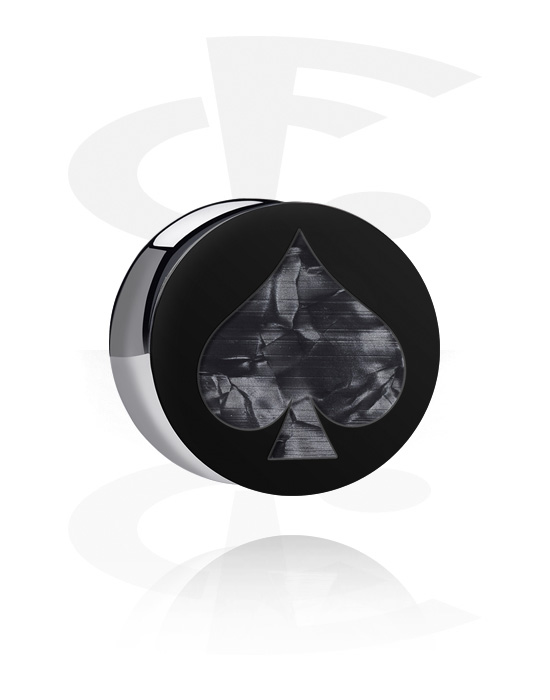 Tunely & plugy, Plug s rozšířenými konci (akryl, černá) s vložkou imitace perleti a designem piky, Akryl