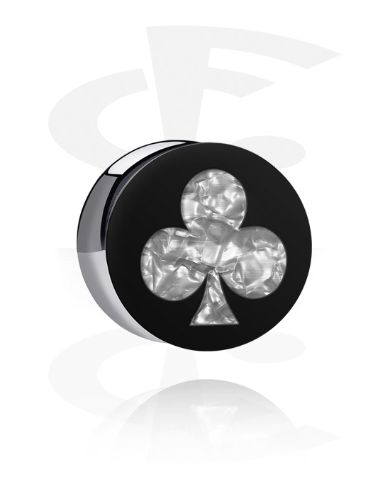 Tunnel & Plug, Double flared plug (acrilico, nero) con motivo "club" e intarsio in padre perla in vari colori, Acrilico