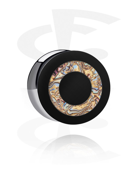 Tunnel & Plug, Double flared plug (acrilico, nero) con design circolare e intarsio madre perla, Acrilico