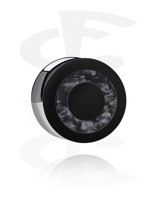 Tunnels & Plugs, Double flared plug (acrylic, black) with circle design and imitation mother of pearl inlay, Acrylic