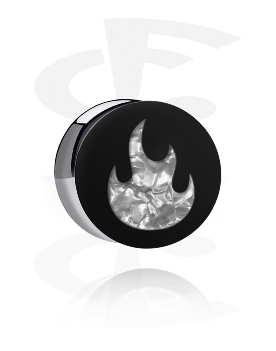 Tunnels & Plugs, Double flared plug (acrylic, black) with flame-shaped inlay, Acrylic