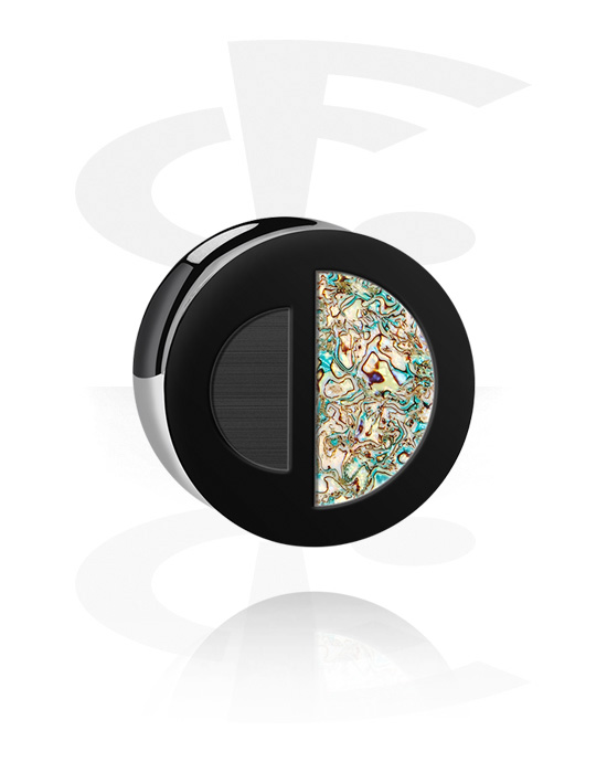 Tunnels & Plugs, Double Flared Plug with lasered geometric design and imitation mother of pearl inlay, Acrylic