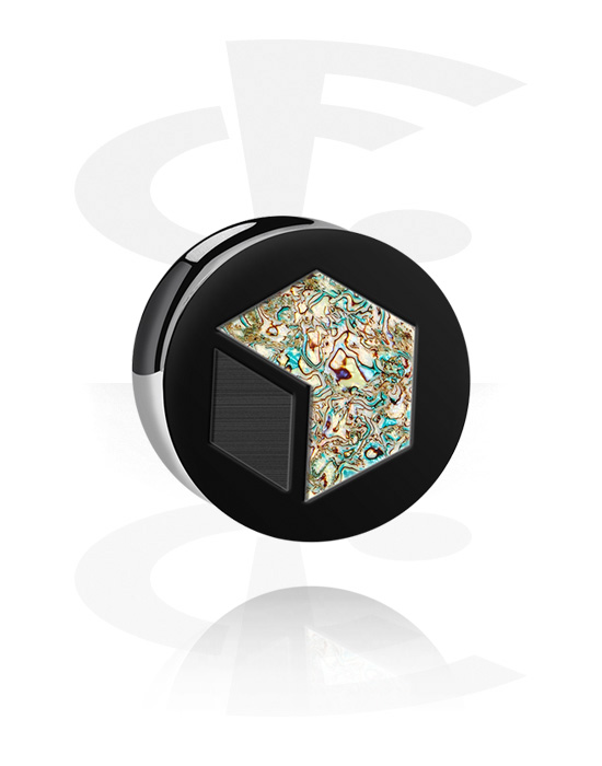 Tunnels & Plugs, Double Flared Plug with lasered geometric design and imitation mother of pearl inlay, Acrylic