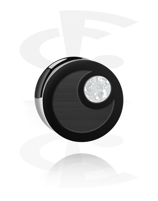Tunnel & Plug, Double flared plug (acrilico, nero) con incisione laser mezza luna e intarsio in padre perla in vari colori, Acrilico