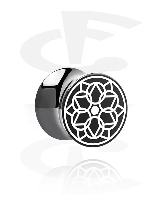 Tunnels & Plugs, Double flared plug (acrylic, black) with mandala design, Acrylic