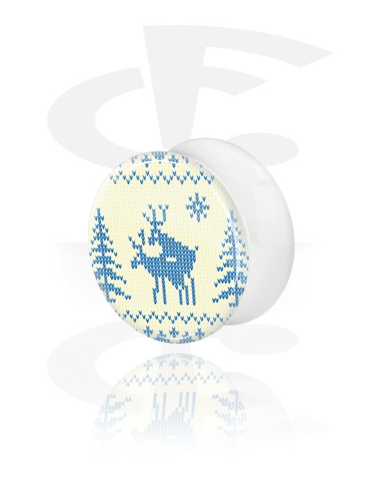 Tunnels & Plugs, White Double Flared Plug with Reindeer In Love, Acrylic