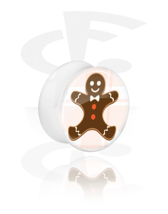 Tunnels & Plugs, White Double Flared Plug with Winter Gingerbread Man Design, Acrylic