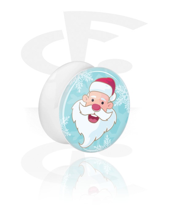 Tunnels & Plugs, White Double Flared Plug with Father Christmas design, Acrylic