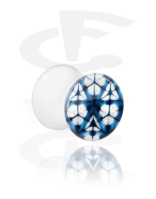 Tunneler & plugger, Hvit dobbeltformet plugg med blått batikk tie-dye design, Akryl