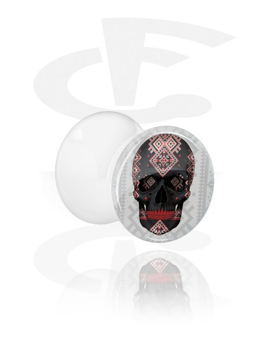 Tunneler & plugger, Hvit dobbeltformet plugg med hodeskalledesign, Akryl