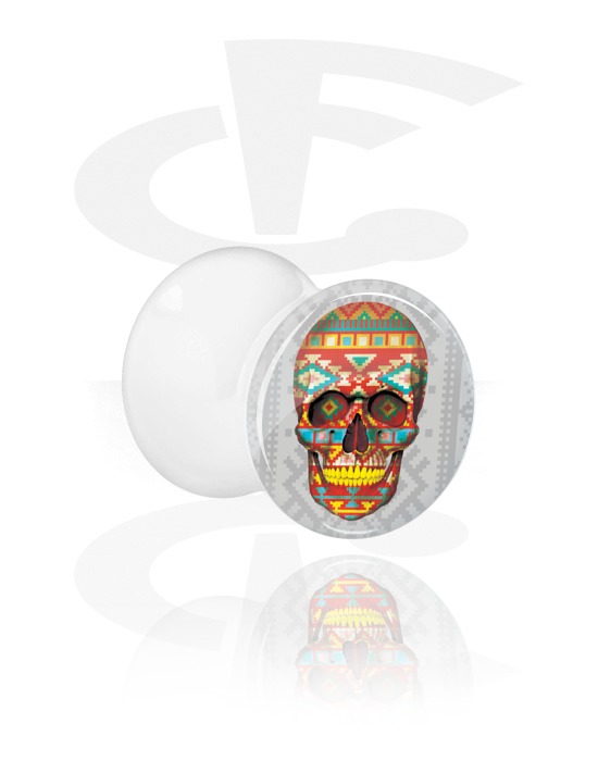 Tunnels & Plugs, White Double Flared Plug with skull design, Acrylic