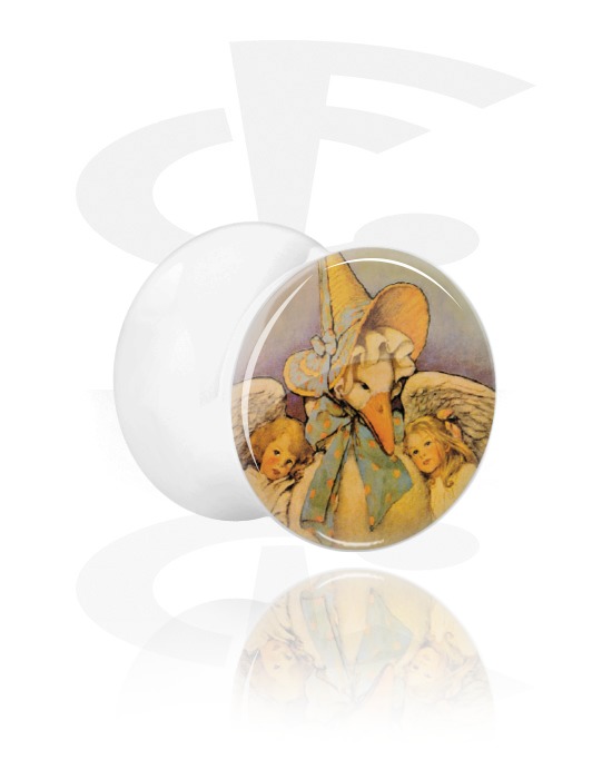 Tunnels & Plugs, White Double Flared Plug with Vintage Fairy Design, Acrylic