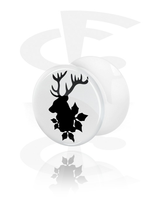 Tunnels & Plugs, White Double Flared Plug with winter stag design, Acrylic