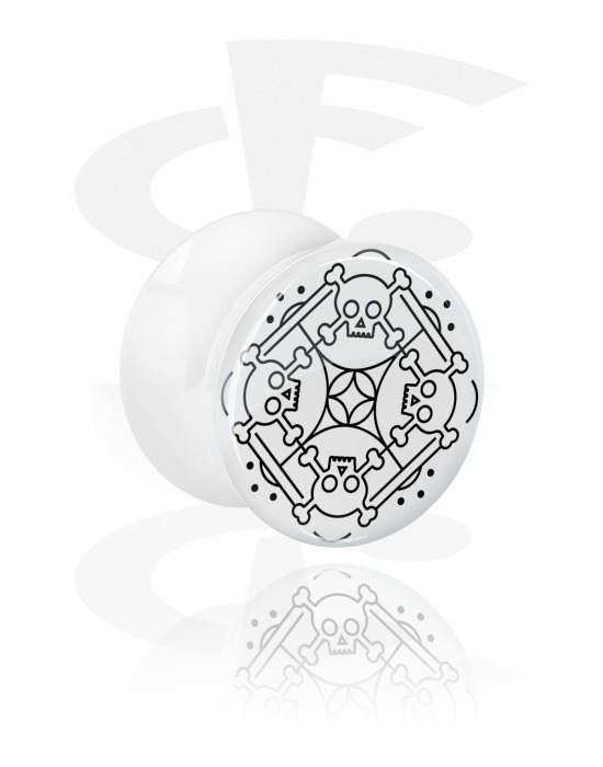 Tunnels & Plugs, White Double Flared Plug with Winter Skull Design, Acrylic