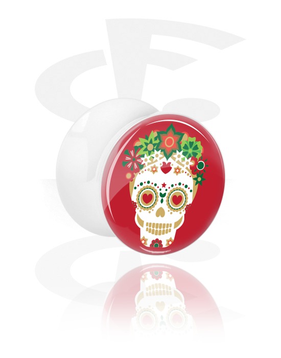 Tunnels & Plugs, White Double Flared Plug with Winter Skull Design, Acrylic
