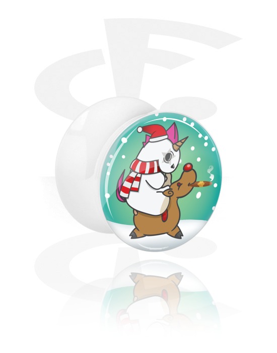 Túneles & plugs, Plug double flared blanco con crazy unicornio navideño, Acrílico