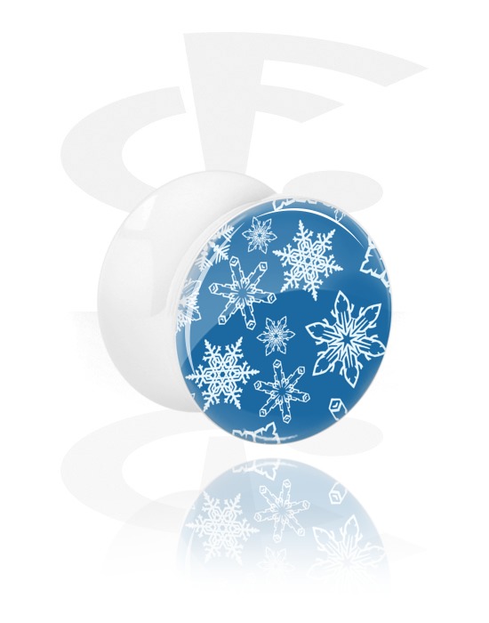 Tunnels & Plugs, White Double Flared Plug with snowflake design, Acrylic