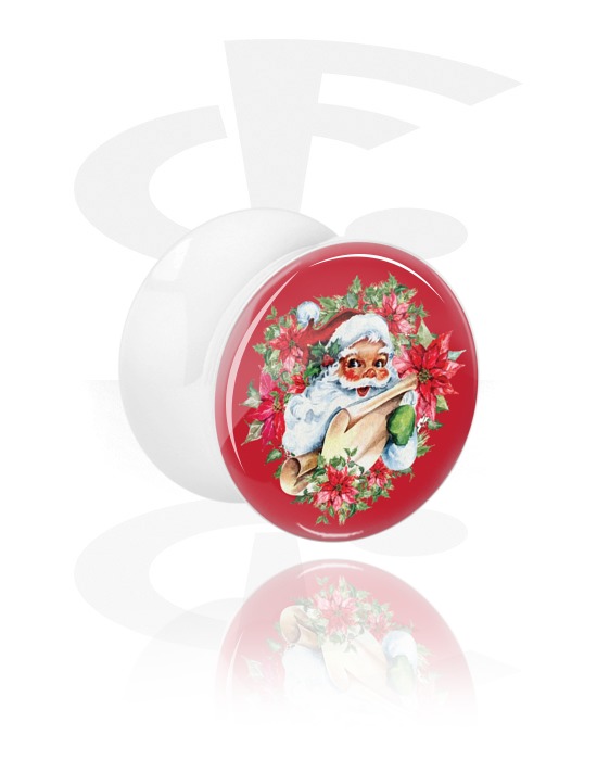 Tunnels & Plugs, White Double Flared Plug with Christmas design, Acrylic