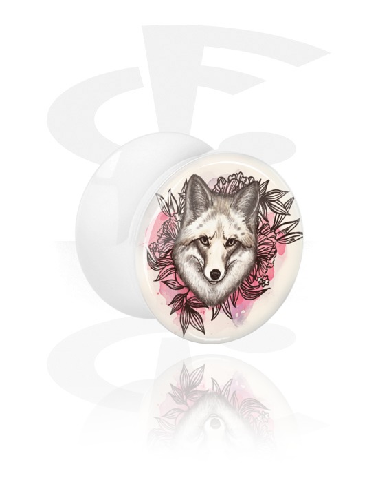 Tunnels & Plugs, White Double Flared Plug with wolf design, Acrylic
