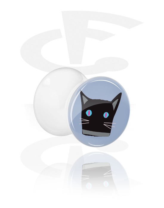 Tunnels & Plugs, White Double Flared Plug with cat design, Acrylic