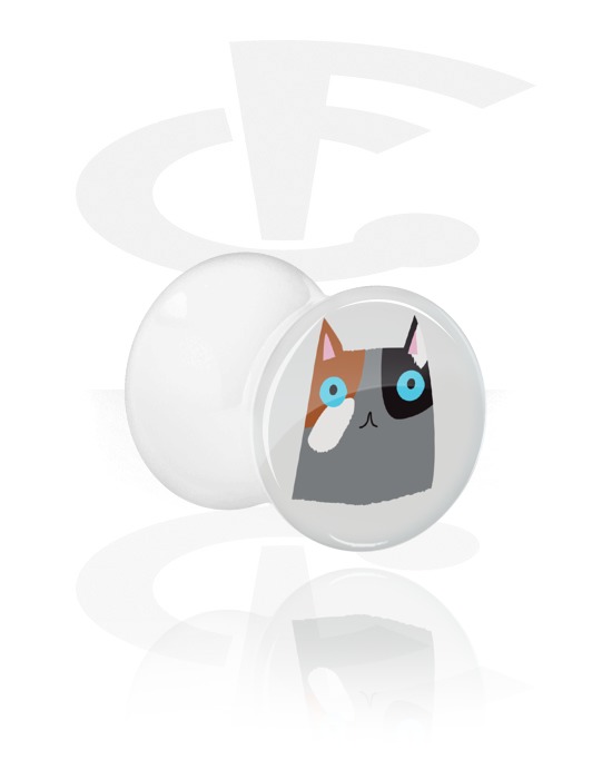 Tunnels & Plugs, Plug double flared blanc avec motif chat, Acrylique