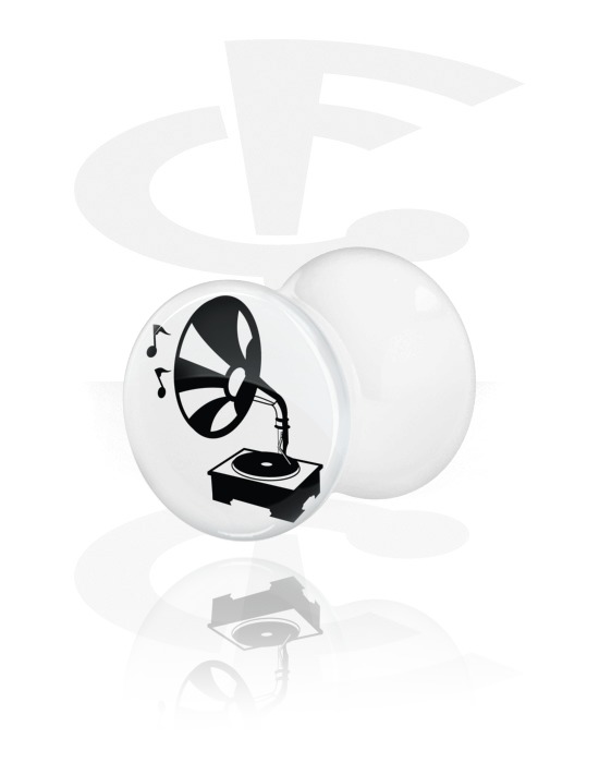 Tunnels & Plugs, White Double Flared Plug with Record Player Design, Acrylic
