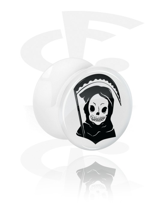 Tunnels & Plugs, White Double Flared Plug with Freaky Skull, Acrylic